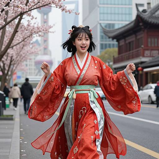 Photograph of a smiling Asian woman in a red floral kimono, black hair in double buns, dancing on a cherry blossom-lined urban street.