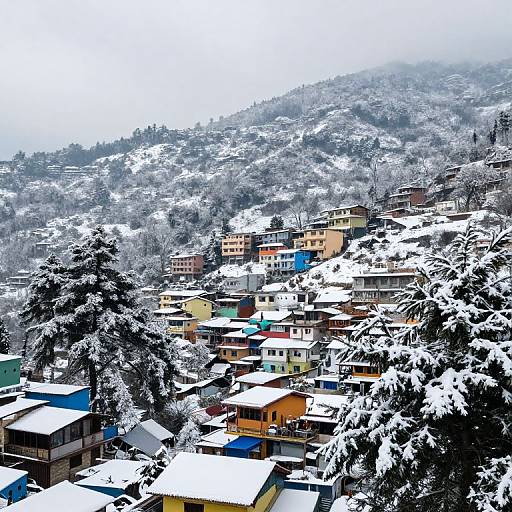 Photograph of a snowy mountain village with colorful houses, snow-covered rooftops, and foggy hills in the background. Vibrant buildings contrast with the