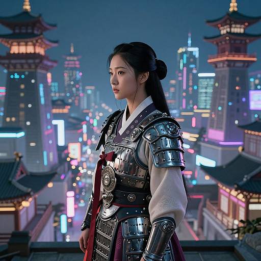 Digital artwork of an Asian warrior woman in metallic armor, standing in a neon-lit, futuristic cityscape with traditional Asian architecture.