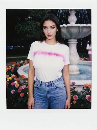 Photograph of a young woman with medium skin tone, long dark hair, wearing a white tie-dye shirt and high-waisted blue jeans,