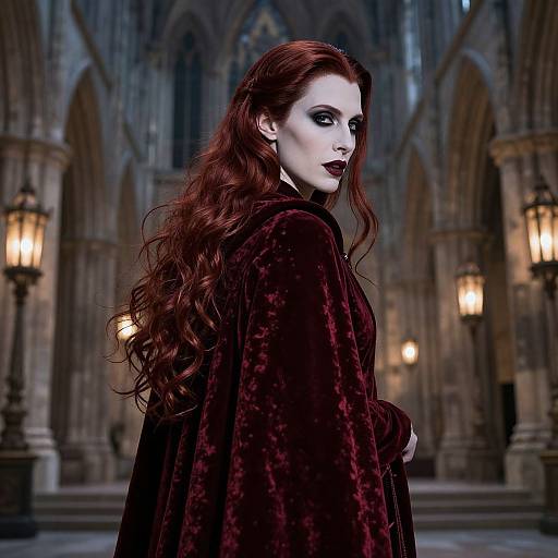 Photograph of a pale-skinned woman with long red hair, wearing a dark velvet cloak, standing in an ornate Gothic cathedral with glowing lanterns