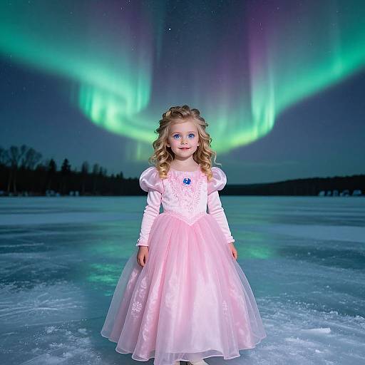Photograph of a young girl with curly blonde hair, blue eyes, wearing a pink and white ball gown, standing on a frozen lake under a vivid