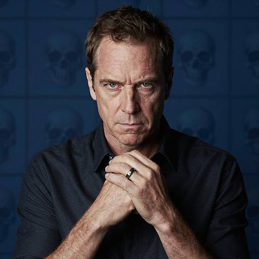 Serious Middle-Aged Man with Skull Background