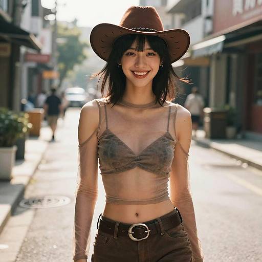 Smiling Woman in Sheer Top and Cowboy Hat Outdoors