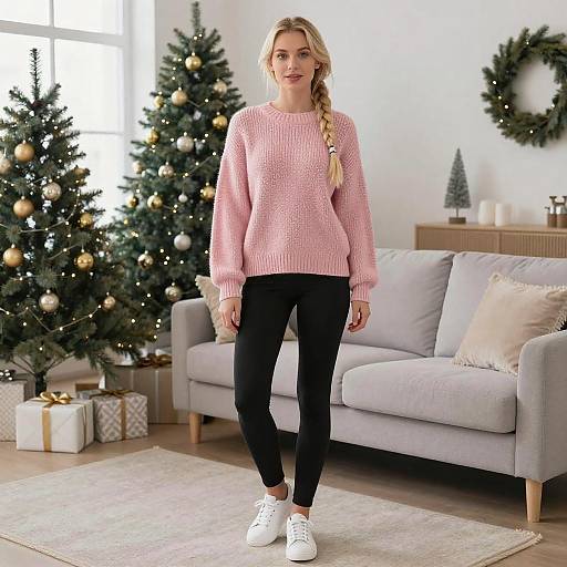 Photograph of a blonde woman with a braid, wearing a pink sweater, black leggings, and white sneakers, standing in a festive living room with