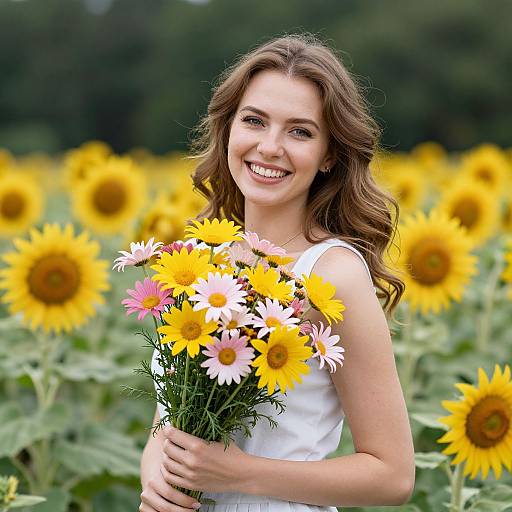 Smiling Woman with Daisy Bouquet