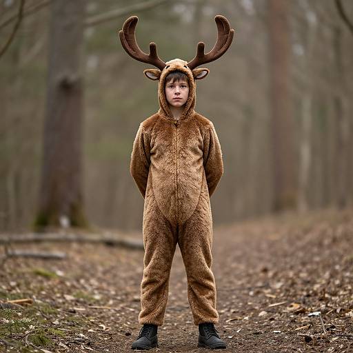 Photograph of a young boy in a brown deer onesie with antlers, standing on a forest path, surrounded by bare trees.