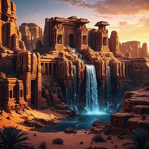 Ancient Desert Temples with Waterfalls at Twilight