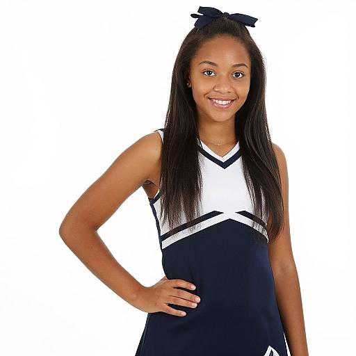 Photograph of a smiling young Black cheerleader with long straight black hair, wearing a black and white sleeveless cheerleading uniform, white background, hand
