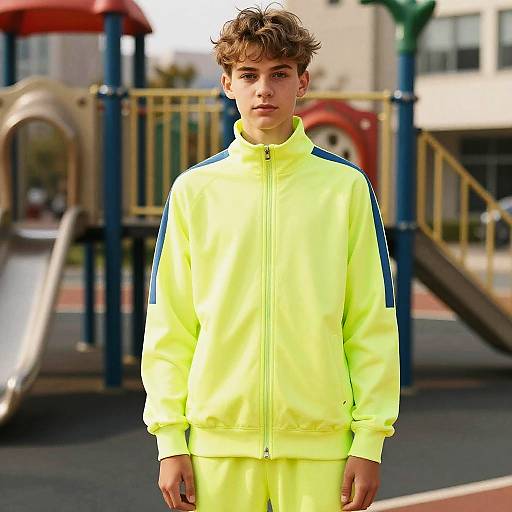 Photograph of a young boy with curly brown hair, wearing a neon yellow tracksuit with blue stripes, standing in a sunlit playground.