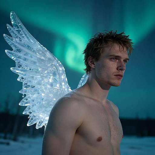Photograph of a shirtless, fair-skinned man with wet, brown hair and glowing, translucent ice wings, standing against a backdrop of green northern
