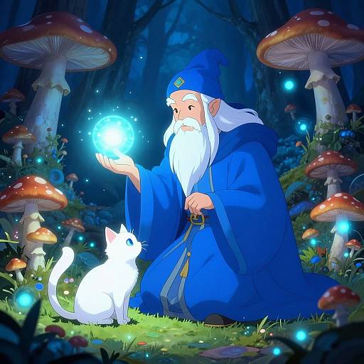 Digital illustration of an old wizard with a white beard and blue robe, holding a glowing blue orb, standing beside a white cat in a magical forest with