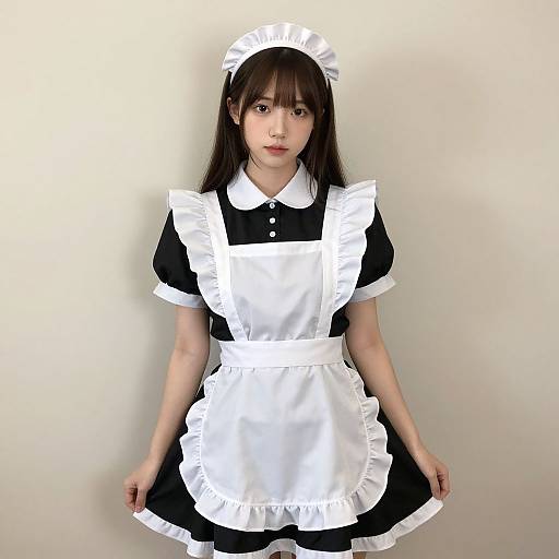 Photograph of an Asian woman with straight brown hair, wearing a classic black and white French maid outfit, standing against a plain white background.