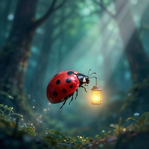 Photograph of a vibrant red ladybug with black spots holding a glowing lantern, flying in a mystical, enchanted forest.