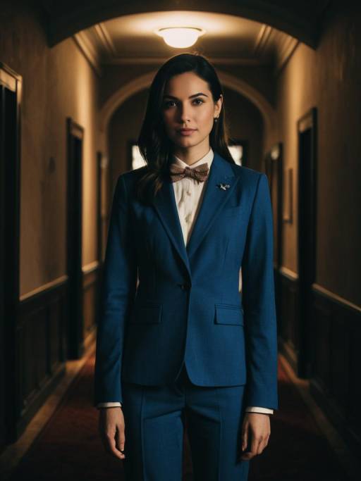 Woman in Blue Suit and Bow Tie in Hall
