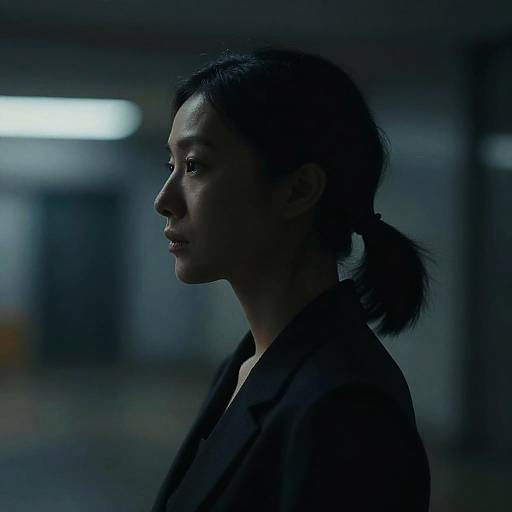 Photograph of a serious Asian woman with dark hair in a ponytail, wearing a black jacket, in a dimly lit, blue-toned parking