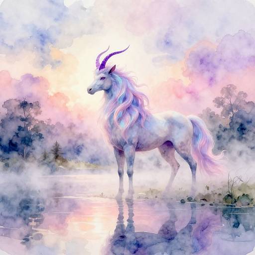 Digital painting of a mystical, white unicorn with purple horns, standing in a misty, reflective pond, surrounded by pastel-colored, ethereal trees