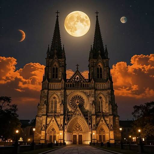 Photograph of a gothic cathedral at night, illuminated by moonlight, with a full moon, crescent moon, and starry sky, set