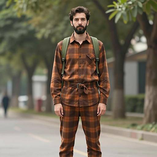 Man in Brown Orange Plaid Outfit Outdoors