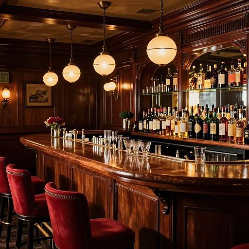 Luxurious, dark-wood bar with red velvet stools, globe pendant lights, glassware-lined counter, and an array of liquor bottles on shelves.