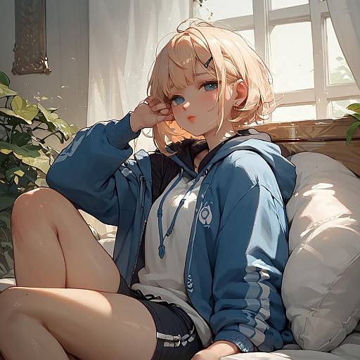 Digital anime-style drawing of a blonde girl with blue eyes, wearing a blue hoodie and black shorts, sitting on a sunlit couch.