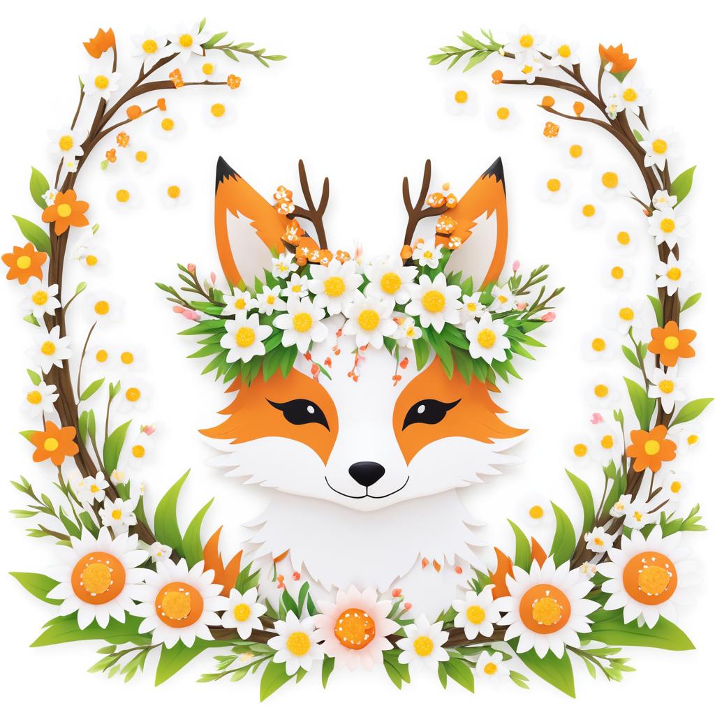 Whimsical Kawaii Fox with Floral Antlers