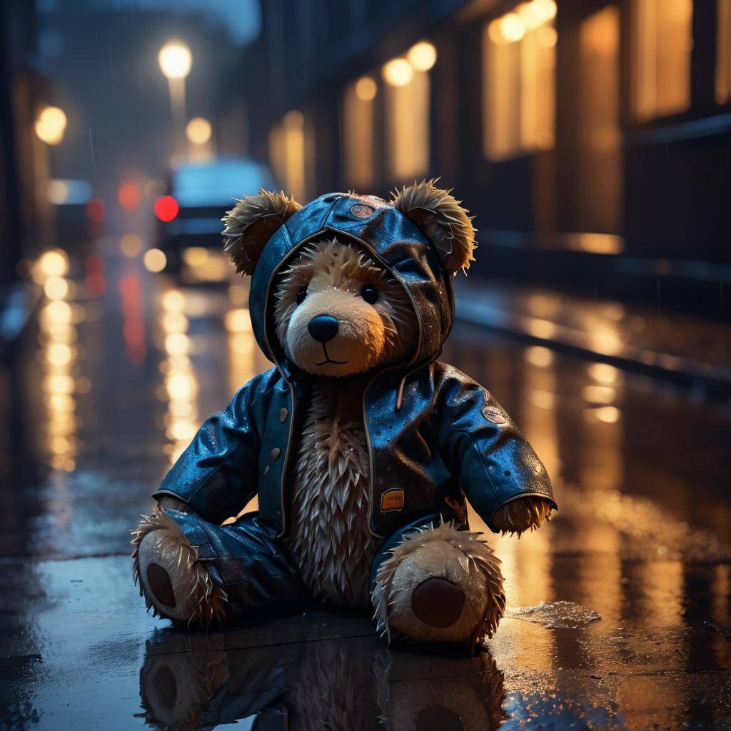 Emotional Teddy Bear in Rainy Street