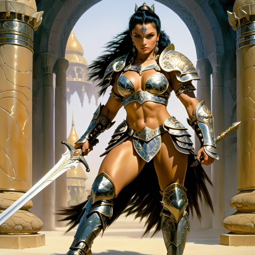 Fierce Female Warrior in Ornate Armor