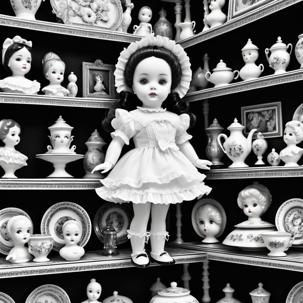 Whimsical Porcelain Doll in Antique Shop