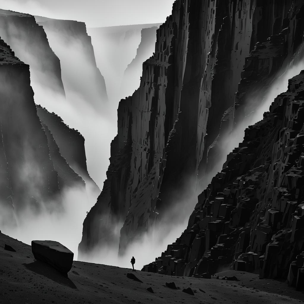 Monochrome Basalt Cliffs in Fog