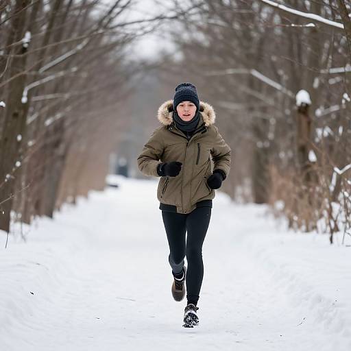 Energetic Jogger Running in Snow