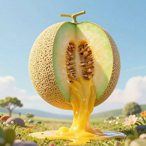 Photograph of a halved cantaloupe with juicy orange pulp and seeds, standing upright on sunny grass with a blue sky background.