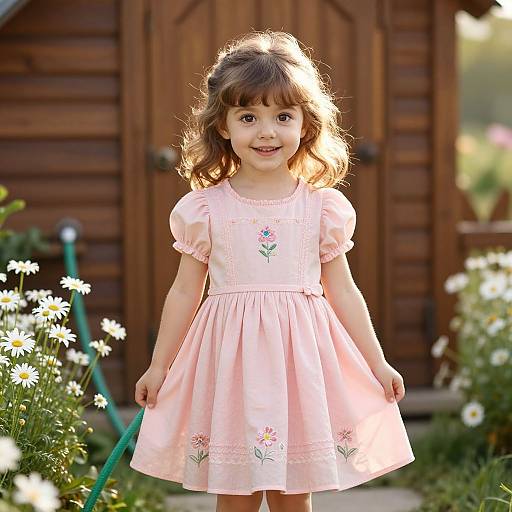 Photograph of a smiling young girl with brown hair in a pink dress with floral embroidery, standing in a sunlit garden with daisies and a