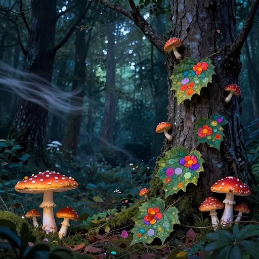 Photograph of a mystical forest with glowing red and white-spotted mushrooms, colorful fairy-like flowers climbing a tree, and ethereal blue light filtering through
