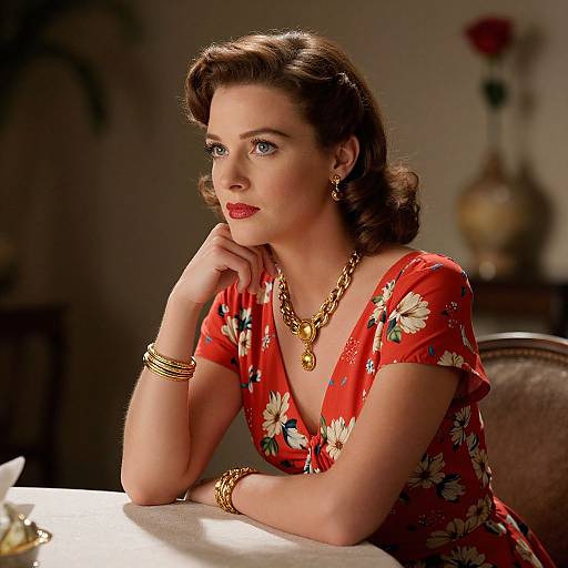 Photograph of a 1940s-style woman with dark, wavy hair, red floral dress, gold jewelry, and red lipstick, resting her