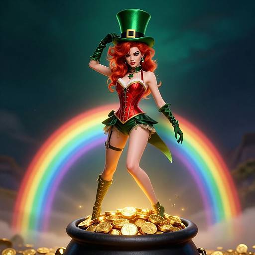 Digital artwork: Red-haired woman in green top hat, red corset, black gloves, and boots, standing on treasure-filled cauldron, with