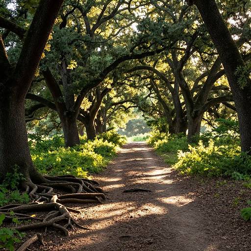Photograph of a sunlit forest path, dappled light filtering through dense, arching trees with exposed, tangled roots on either side.