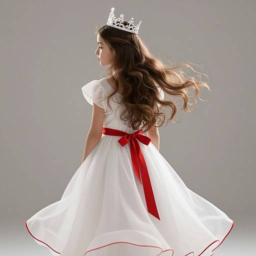 Photograph of a young woman with long brown hair, wearing a white dress with red ribbon, silver crown, and flowing in soft light.