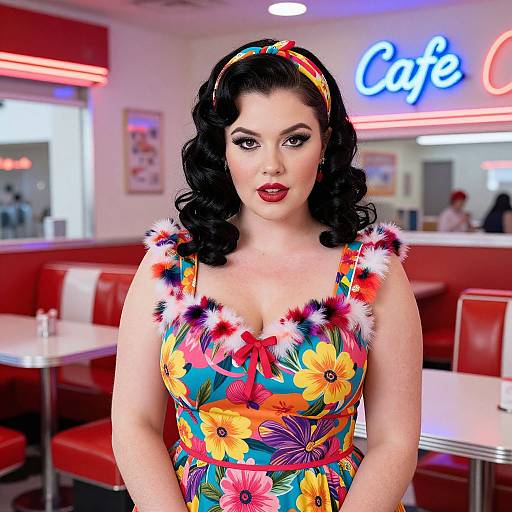 Photograph of a curvy, fair-skinned woman with black, wavy hair, wearing a colorful floral dress with fluffy trim, red bow,