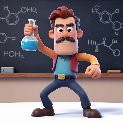 3D cartoon man with red vest, blue shirt, and mustache, holding blue liquid in a flask, stands in front of a chemistry chalkboard