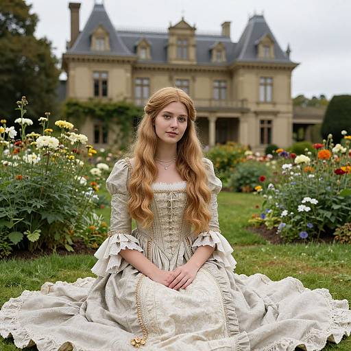 Photograph of a young woman with long, wavy blonde hair in an elaborate, cream-colored Victorian dress, sitting in a vibrant, flower-filled garden