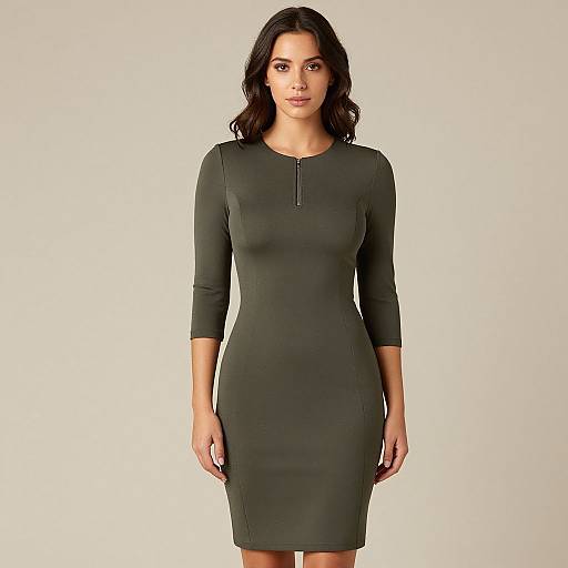 Photograph of a woman with dark wavy hair, wearing a form-fitting, long-sleeve, dark green dress with a small zipper at
