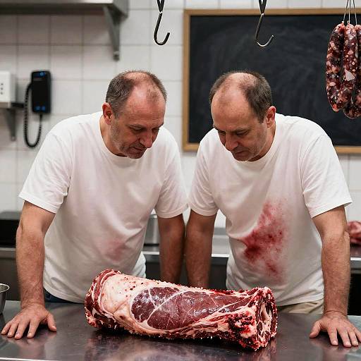 Intense Butchers in a Rustic Shop
