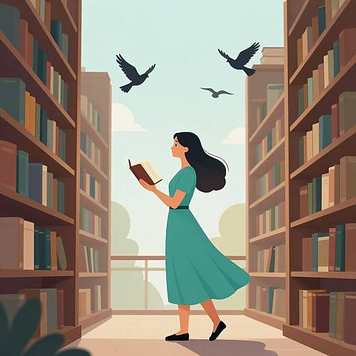 Digital illustration of a woman in a teal dress, reading a book in a sunlit library aisle, flanked by bookshelves, with two flying