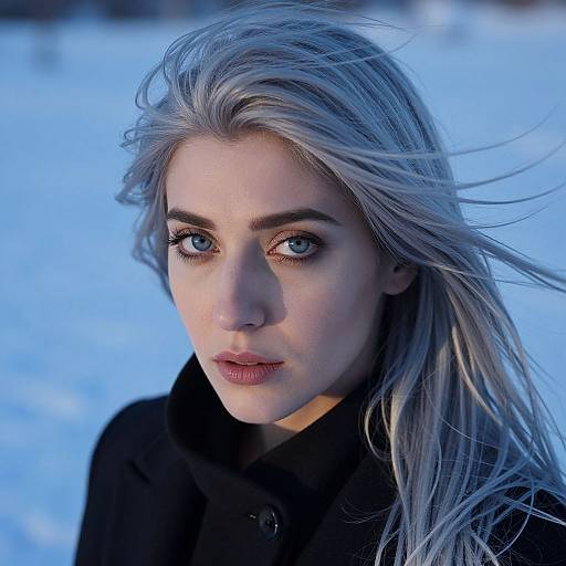 Photograph of a fair-skinned woman with silver-blonde hair, blue eyes, and black coat, standing in a snowy landscape. Her intense