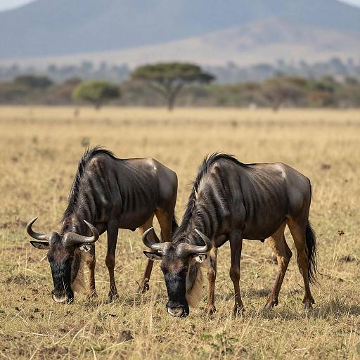 Wildebeests Grazing in Golden Grassland