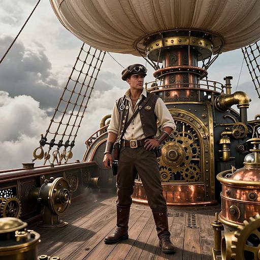Steampunk-style photograph of a male sailor in a white shirt and black vest, standing on a coppery, gear-filled ship deck with a large
