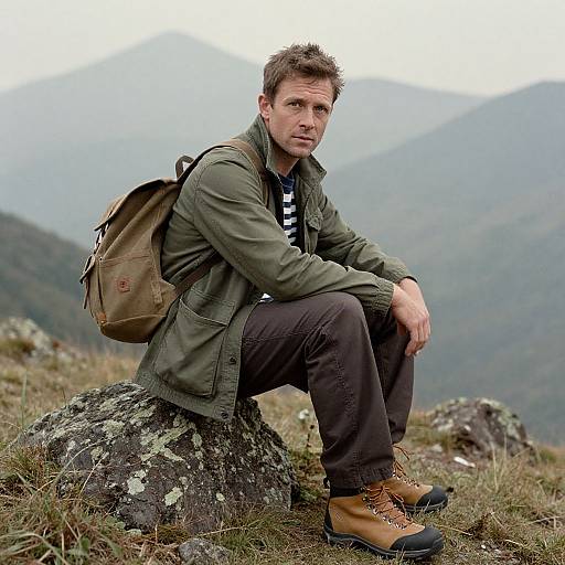 Photograph of a serious-looking man with short brown hair, green jacket, brown pants, tan boots, and a tan backpack, sitting on a rocky