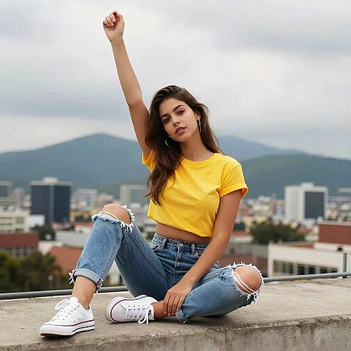 Photograph of a young woman with long brown hair, wearing a yellow crop top, ripped blue jeans, and white sneakers, sitting on a rooftop with