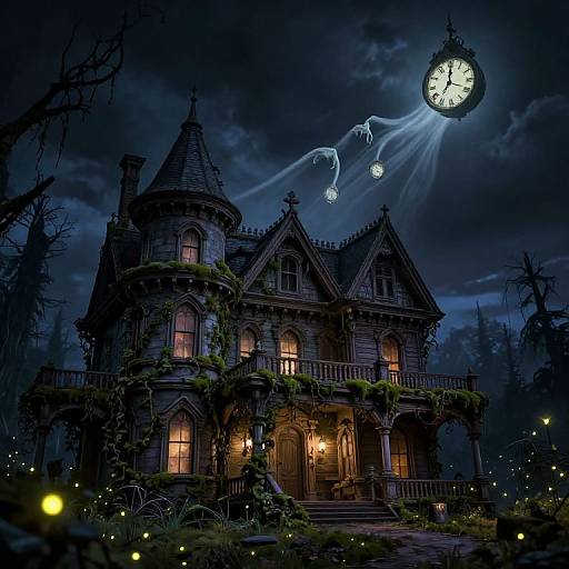Gothic, eerie mansion with glowing windows, vines, and a clock in the moonlit sky casting ghostly shadows. Dark, mysterious atmosphere.